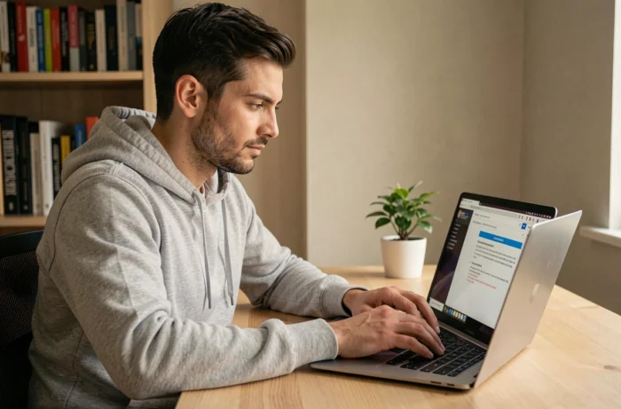 Homme assis à son bureau tapant sur un ordinateur portable pour résoudre un problème d'accès à un site web
