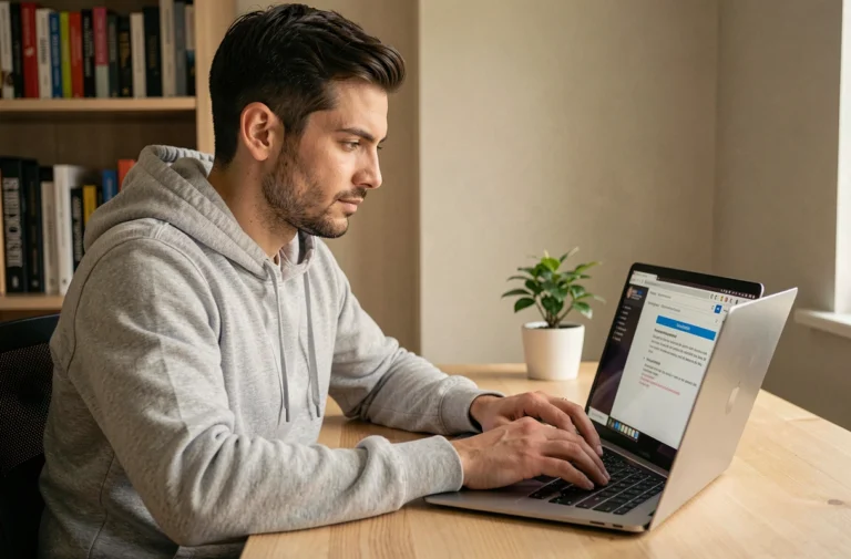 Homme assis à son bureau tapant sur un ordinateur portable pour résoudre un problème d'accès à un site web