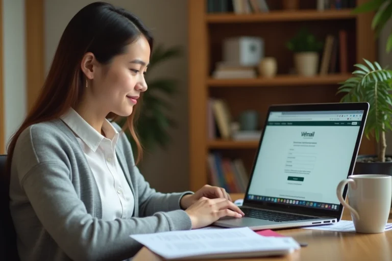Enseignante accédant au webmail académique de Lyon sur un ordinateur portable dans un bureau scolaire