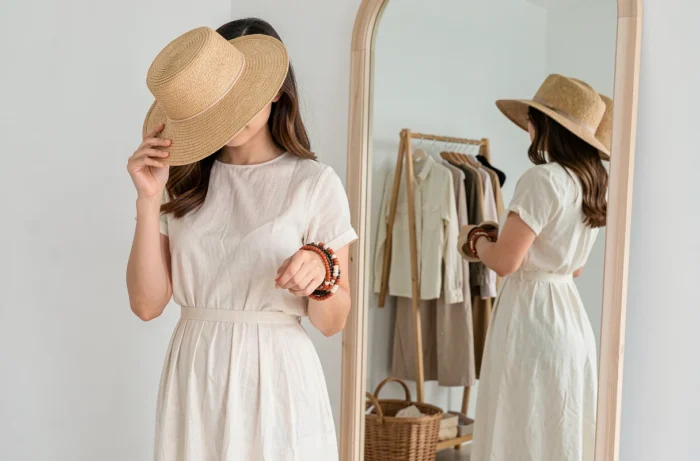 Jeune femme en robe en lin devant un miroir en pied, accessoirisée d'un chapeau en raphia et de bracelets colorés dans un dressing lumineux