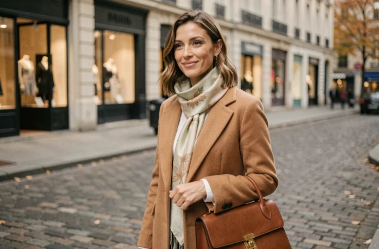 Femme élégante portant un manteau camel, un foulard en soie et un sac en cuir structuré dans une rue pavée parisienne en automne