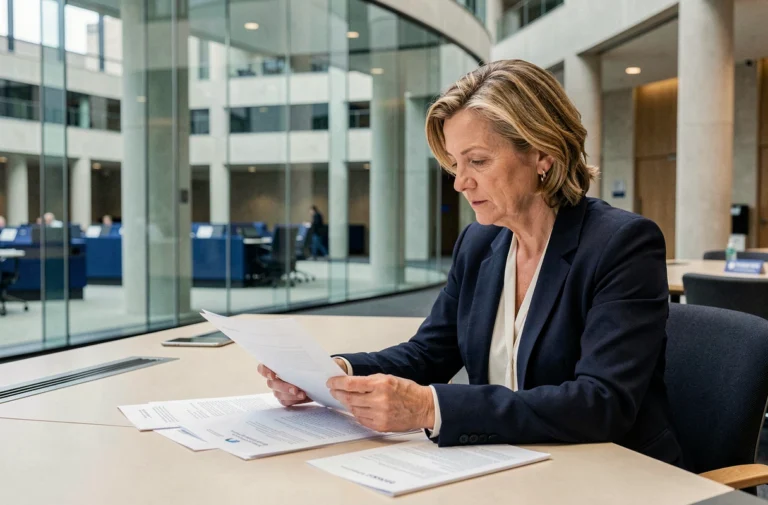 Femme analyste politique lisant des documents au Parlement européen à Bruxelles, illustrant l'actualité et les tendances européennes