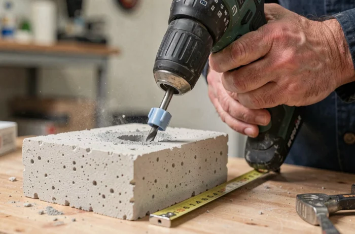 Perceuse équipée d'une butée de profondeur réglée pour contrôler la profondeur de perçage dans le béton cellulaire