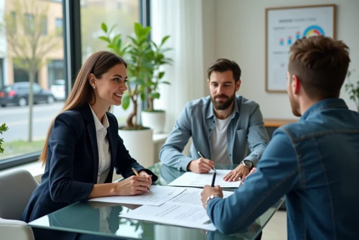 Agent immobilier présentant un projet immobilier à un couple dans une agence moderne avec vue sur la ville