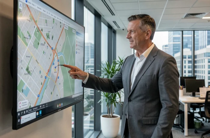 Agent immobilier présentant une carte de propriétés sur un écran numérique dans une agence moderne