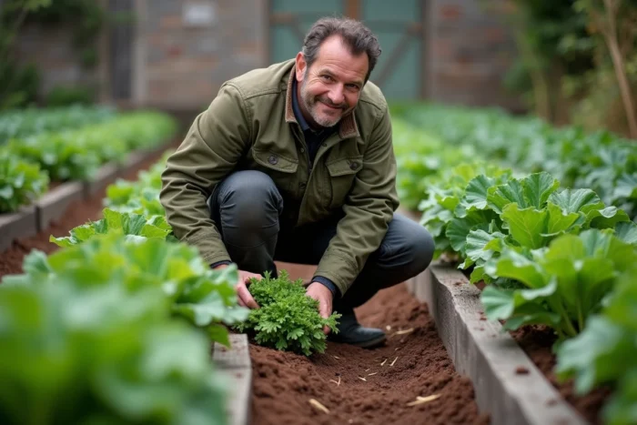 Agriculteur récoltant des légumes biologiques frais dans un potager en pleine terre