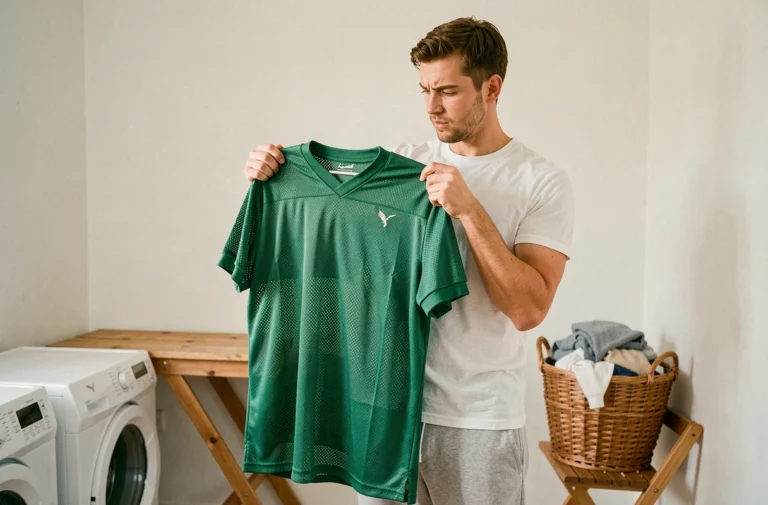 Homme tenant un maillot de football trop grand dans une buanderie, examinant le tissu avant de l'ajuster