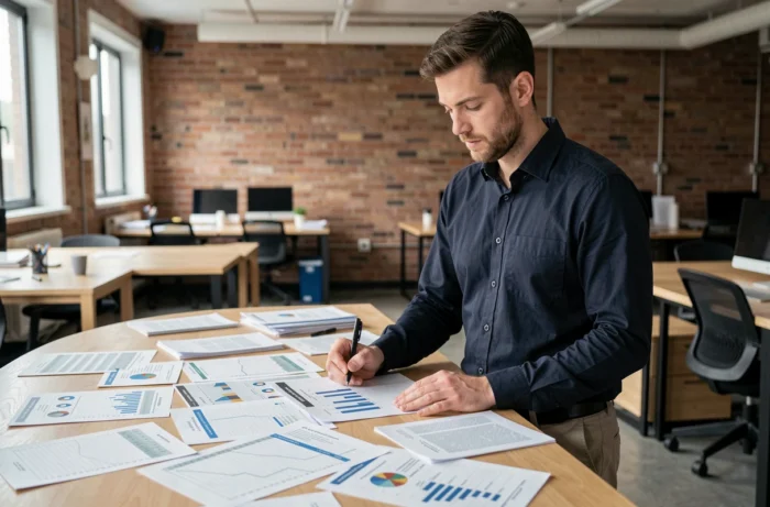 Professionnel analysant des rapports de mots clés SEO sur une table de travail collaboratif