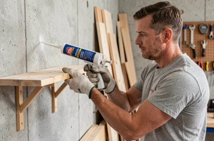 Homme appliquant de la colle de montage Pattex Montage Classic sur une fixation murale en bois dans un atelier de bricolage