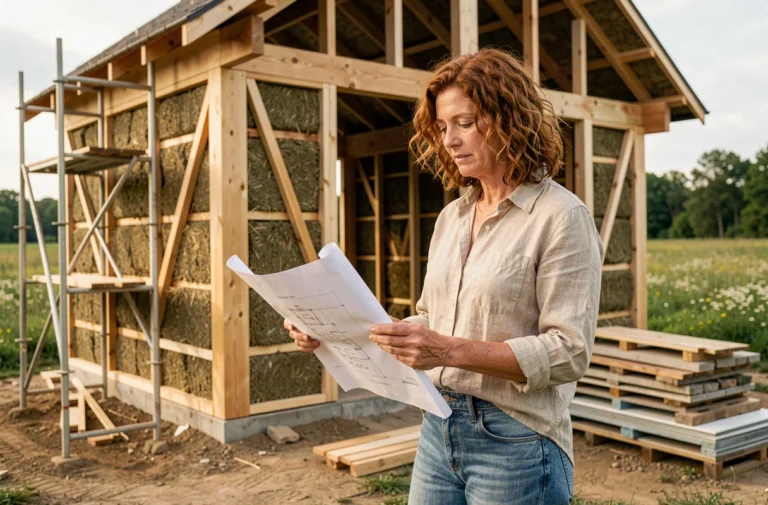 Architecte examinant des plans devant une maison écologique en construction avec ossature bois et isolation en ballots de paille