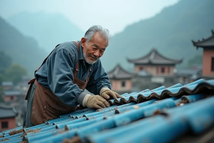 Artisan chinois posant des tuiles en céramique bleue sur un toit traditionnel en cours de restauration avec village montagnard en arrière-plan