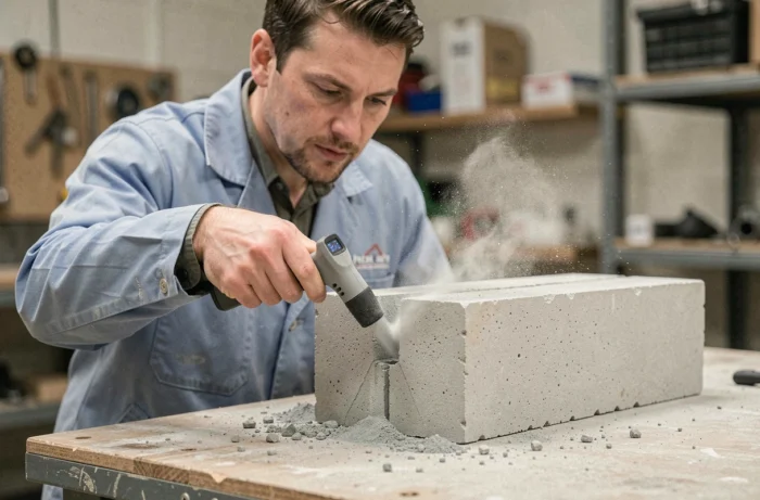 Ouvrier aspirant la poussière de perçage avec un aspirateur portatif directement dans le trou du béton cellulaire