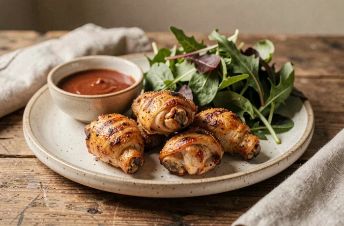 Assiette de Pepe Chicken grillé avec salade verte et sauce, vue rapprochée sur table en bois rustique