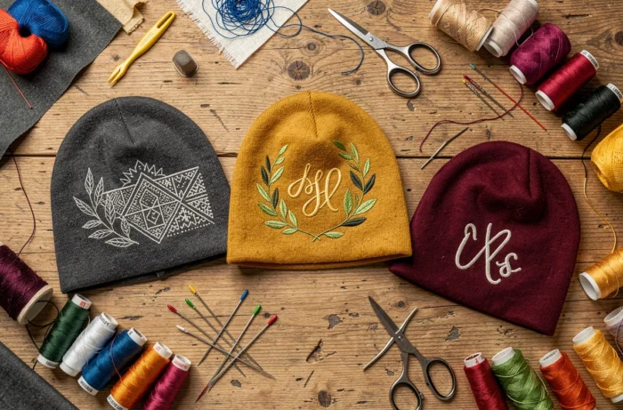 Assortiment de bonnets brodés faits main avec différents motifs et couleurs disposés en flat lay avec des outils de broderie