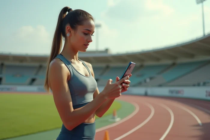 Athlète féminine découvrant les pages sportives de Sportivoz sur son smartphone sur une piste d'athlétisme