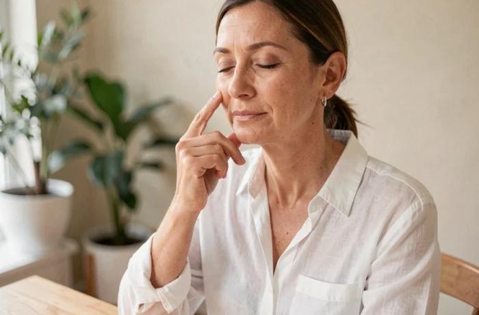 Femme pratiquant l'auriculothérapie en touchant un point d'acupuncture sur l'oreille pour perdre du poids