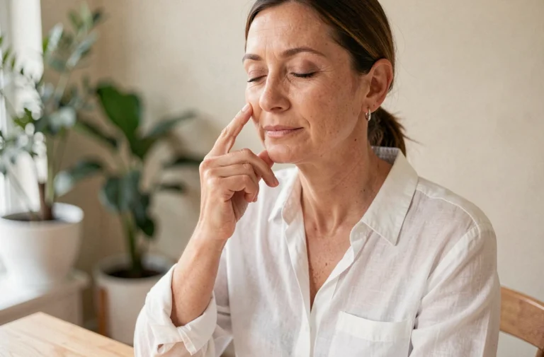 Femme pratiquant l'auriculothérapie en touchant un point d'acupuncture sur l'oreille pour perdre du poids