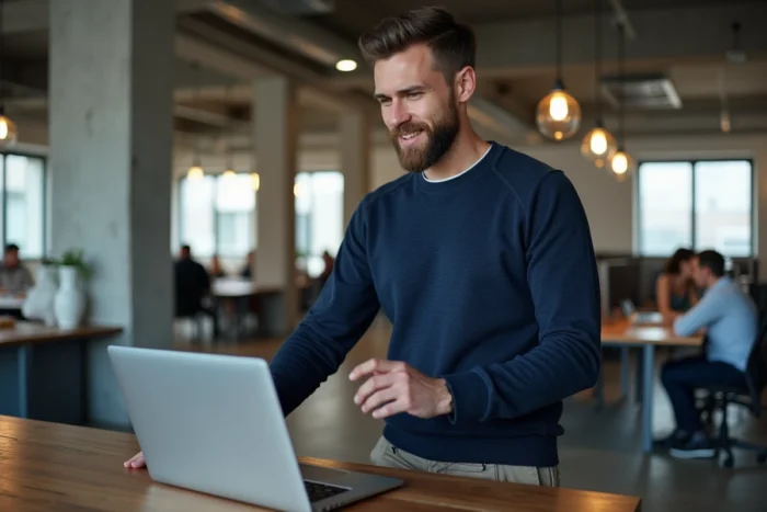 Auto-entrepreneur en visioconférence dans un espace de coworking moderne, illustrant la collaboration et le développement de clientèle en 2024