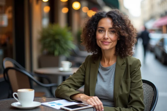 Auto-entrepreneuse analysant ses performances commerciales sur smartphone en terrasse de café, incarnant la flexibilité et la croissance de l'activité freelance