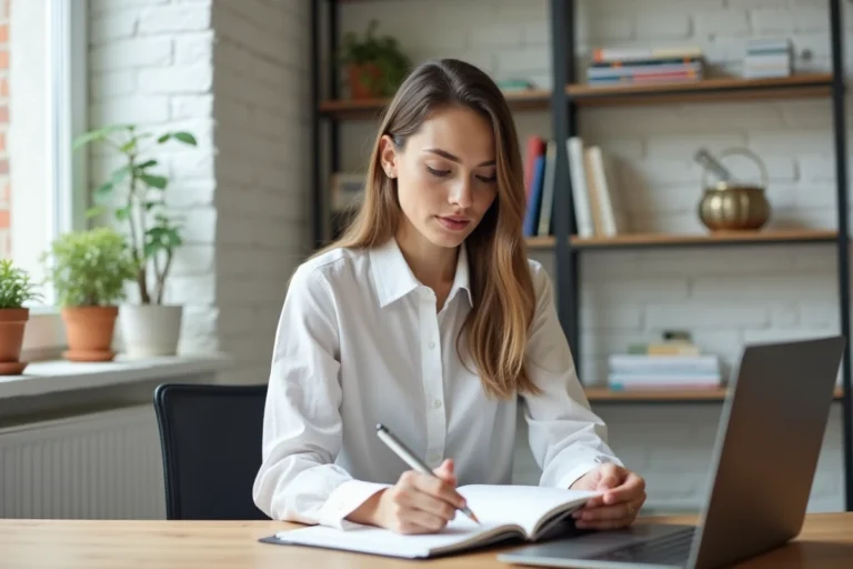 Auto-entrepreneuse concentrée consultant son agenda dans un bureau minimaliste à domicile, symbole de stratégie et d'organisation professionnelle