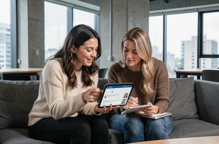 Deux femmes consultant les avis d'utilisateurs sur une plateforme d'accompagnement en ligne dans un espace de coworking