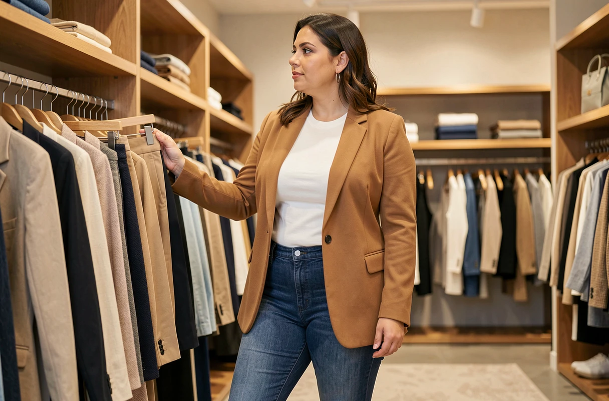Femme à silhouette en poire arborant un blazer structuré et un jean slim pour mettre en valeur le haut du corps