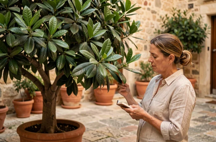 Botaniste examinant un laurier noble (Laurus nobilis) dans un jardin méditerranéen avec pavés en pierre