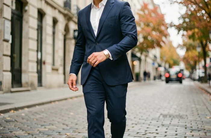 Homme élégant en costume bleu marine portant un bracelet en or blanc dans une rue pavée européenne