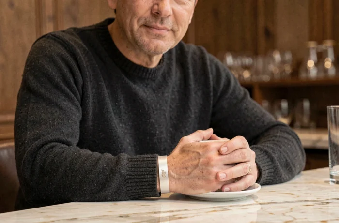 Bracelet en or blanc satiné au poignet d'un homme tenant un café dans un élégant café en marbre