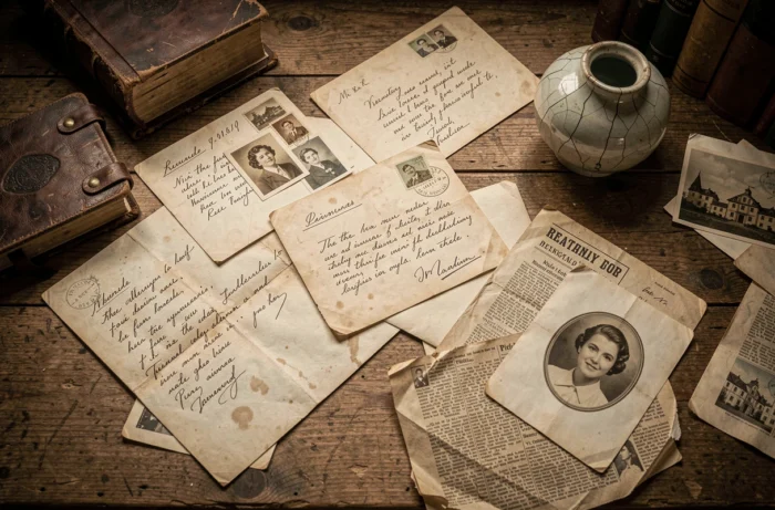 Bureau ancien recouvert de lettres manuscrites, photographies sépia et documents d'époque évoquant la vie secrète et méconnue de Marcelle Dupont, fille d'Édith Piaf