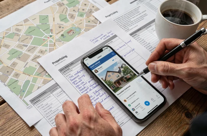 Vue en plongée d'un bureau de chasseur immobilier avec annonces, carte annotée et smartphone lors d'une recherche active