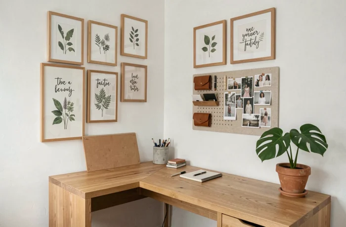 Bureau à domicile scandinave avec mur de cadres personnalisés, impressions botaniques et accessoires en cuir artisanaux pour une décoration intérieure unique