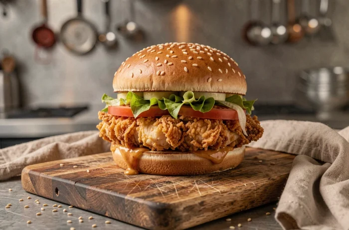 Burger Pepe Chicken croustillant posé sur une planche en bois, montrant les couches de poulet frit, laitue et tomate