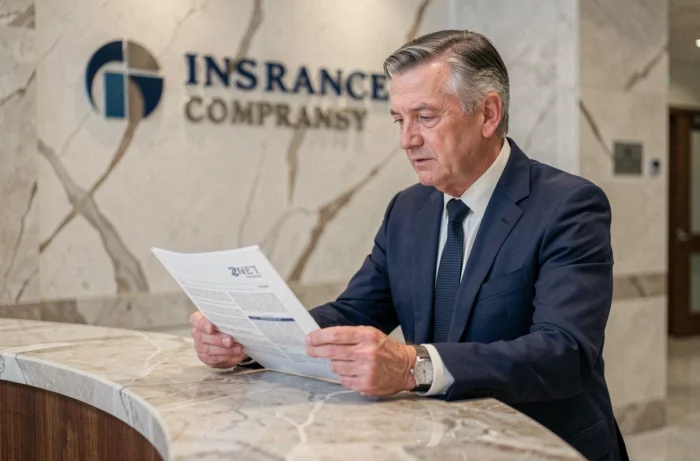 Cadre dirigeant en costume bleu marine examinant des documents dans le hall d'entrée d'un siège social d'assurance, évoquant la gouvernance et la transparence de la rémunération des PDG