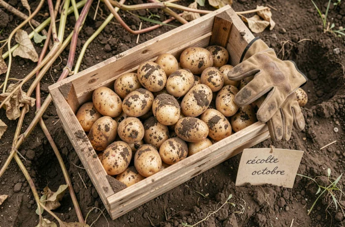 Caisse en bois remplie de pommes de terre fraîchement récoltées, couvertes de terre, posée dans un potager en fin de saison