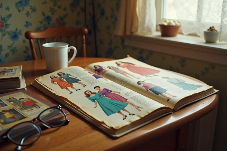 Ancien catalogue de vente par correspondance des années 80 ouvert sur une table en bois, avec des pages jaunies et des publicités rétro de mode et d'électroménager
