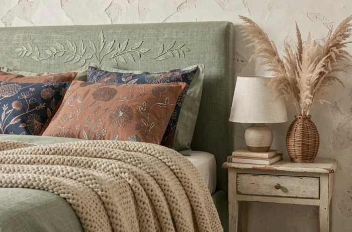 Chambre à coucher avec tête de lit en lin brodé personnalisé, coussins imprimés à la main et décoration artisanale en rotin pour un intérieur chaleureux et unique