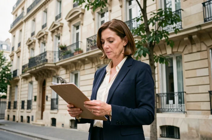Chasseuse immobilière professionnelle devant un immeuble haussmannien à Paris, consultant ses documents lors d'une visite
