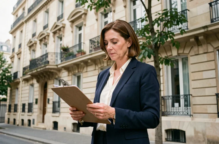 Chasseuse immobilière professionnelle devant un immeuble haussmannien à Paris, consultant ses documents lors d'une visite