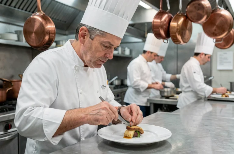 Chef étoilé en train de dresser une assiette gastronomique dans une cuisine de restaurant Michelin en France
