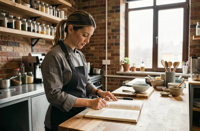 Cheffe cuisinière étoilée consultant ses recettes dans une cuisine gastronomique française haut de gamme