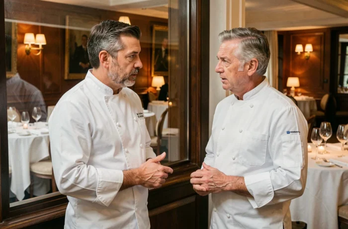 Deux chefs cuisiniers étoilés en discussion professionnelle dans un restaurant gastronomique parisien