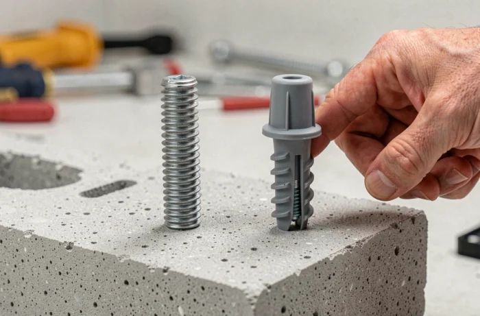 Comparaison entre une cheville spéciale béton cellulaire à large filetage et une cheville universelle standard sur un bloc