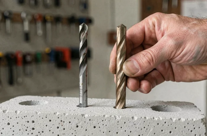Comparaison d'un foret à matériaux tendres et d'un foret béton standard posés sur un bloc de béton cellulaire