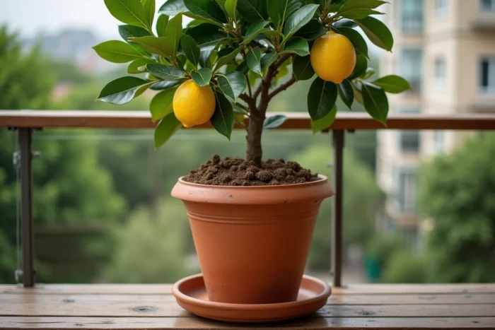 Gros plan d'un citronnier en pot sur un balcon avec soucoupe et feuilles luisantes en plein été