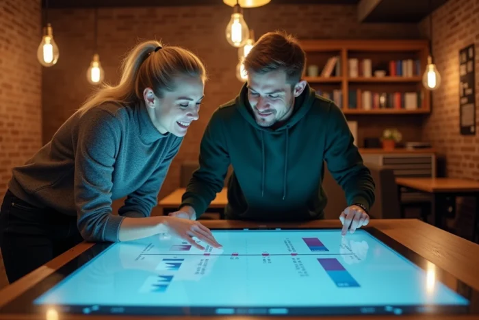 Deux collègues en startup collaborant sur un écran interactif affichant une comparaison entre innovation disruptive et innovation incrémentale