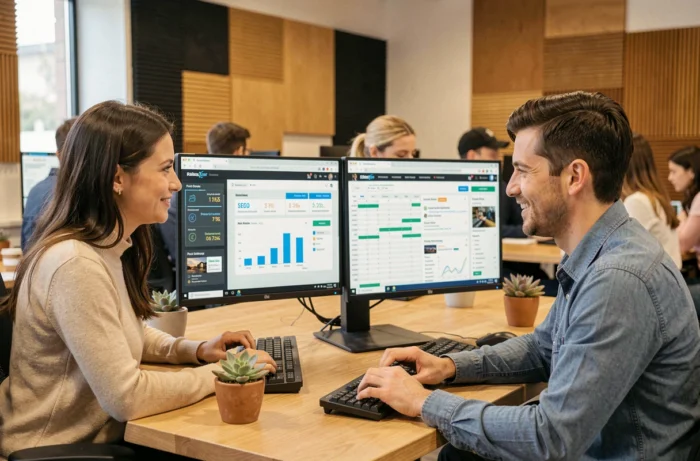 Deux collègues collaborant sur une stratégie de présence en ligne et de webmarketing dans un espace de coworking moderne