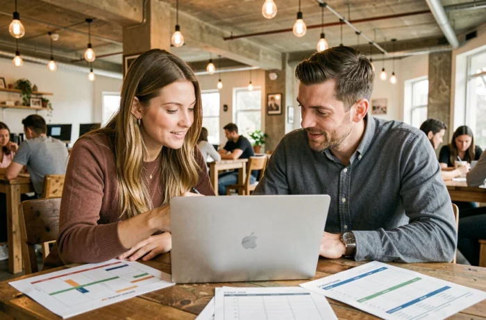 Deux collègues collaborant sur une stratégie de contenu digital dans un espace de coworking