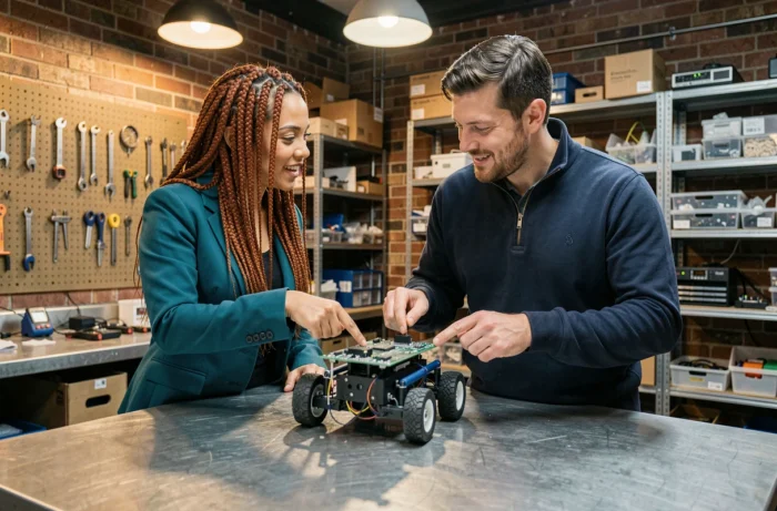 Deux collègues analysant un prototype robotique dans un espace de fabrication technologique industriel