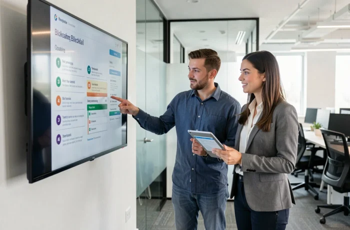 Deux collègues analysant ensemble les étapes d'intégration blockchain sur un grand écran mural dans un espace de coworking